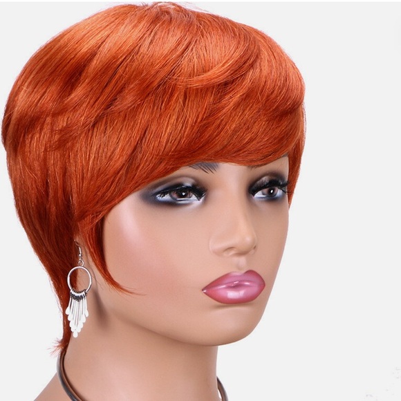 Pixie Cut Real Human Hair Wig Bang Brazilian Straight Orange Wig - Picture 1 of 11